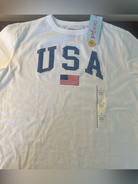 Cat & Jack White Short Sleeve Tee with Blue USA Print and Red Flag